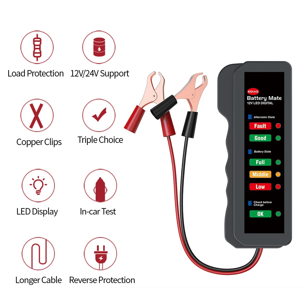 12V Car Battery Tester Intelligent Mower Detector Diagnostic Battery Capacity Checker with 6 LED Lights Car Diagnostic Tool