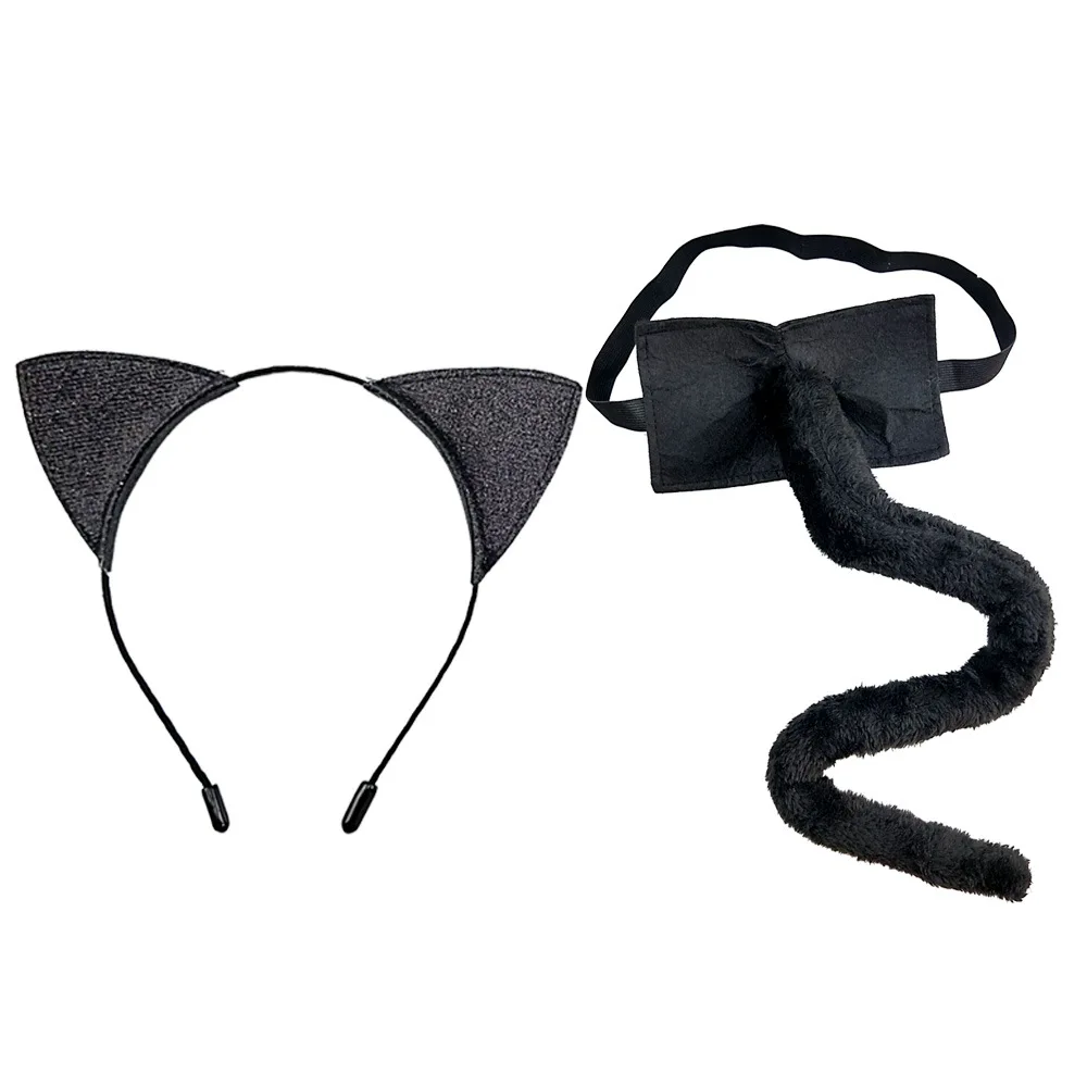 Bandeau oreilles de chat renard noir pour femme et garçon, 65cm, en peluche, queue de Lolita, femme au foyer, serveuse, ensemble Cosplay, Costume amusant