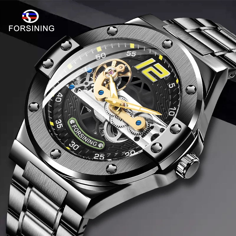 Forsining Male Mechanical Watches Men Creative Golden Bridge Transparent Relogio Masculino Stainless Steel Band Watch Gifts