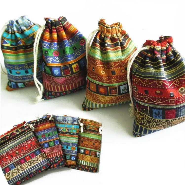 5 sztuk/partia 9,5x12cm Chińskie etniczne bawełniane torby na prezenty, wielokolorowe, plemienne, ze sznurkiem, woreczki na biżuterię, opakowania do przechowywania