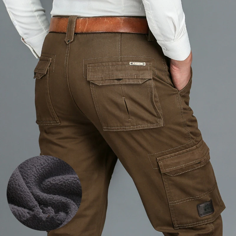 Pantalones tácticos de lana gruesa para hombre, monos militares de algodón, pantalones casuales sueltos con múltiples bolsillos, pantalones cálidos