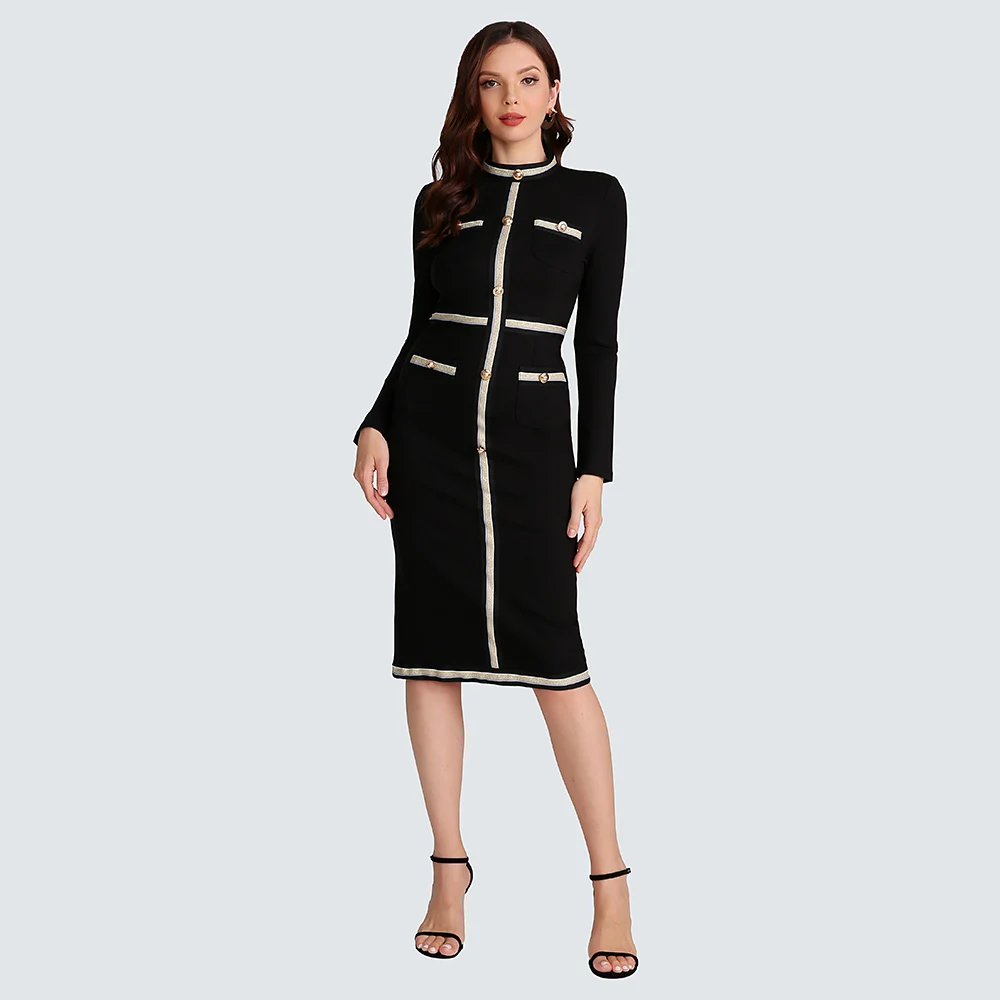 

Autumn Ladies Luxury Golden Buttons Long-Sleeve Bodycon Dress Office Female Retro Zipper Elegant Casual Straight Dresses