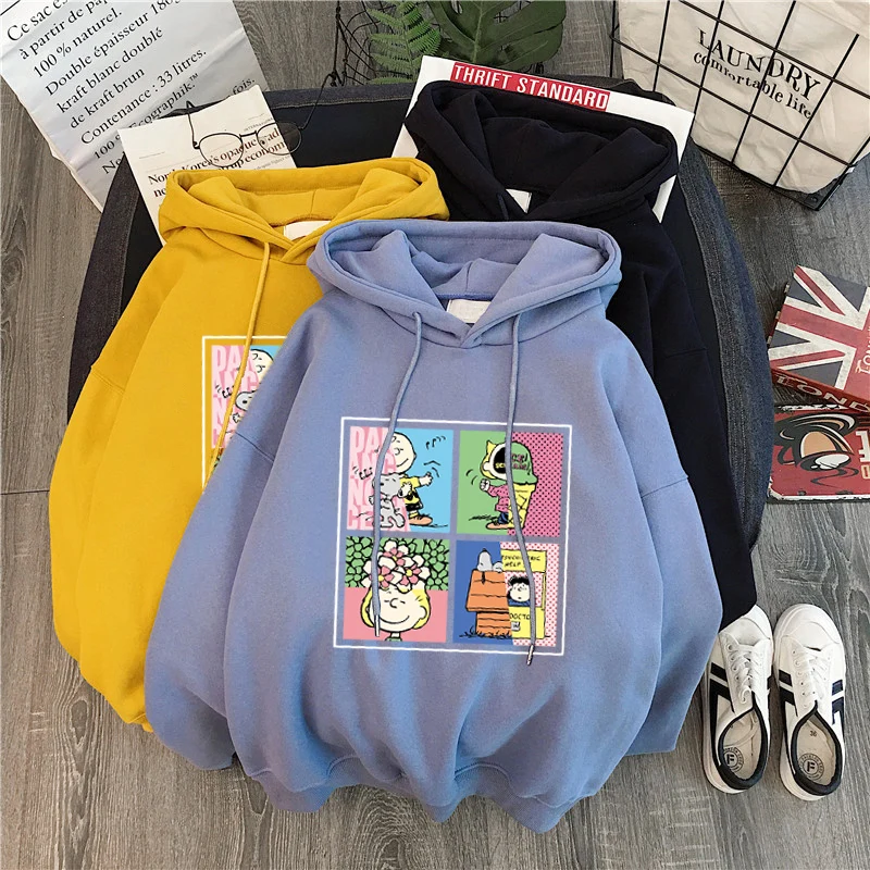 Herbst Winter lässig Frauen Hoodie Sweatshirt Fleece Cartoon Hund Druck Pullover Langarm Aprikose Farbe dicke lose Mantel Tops