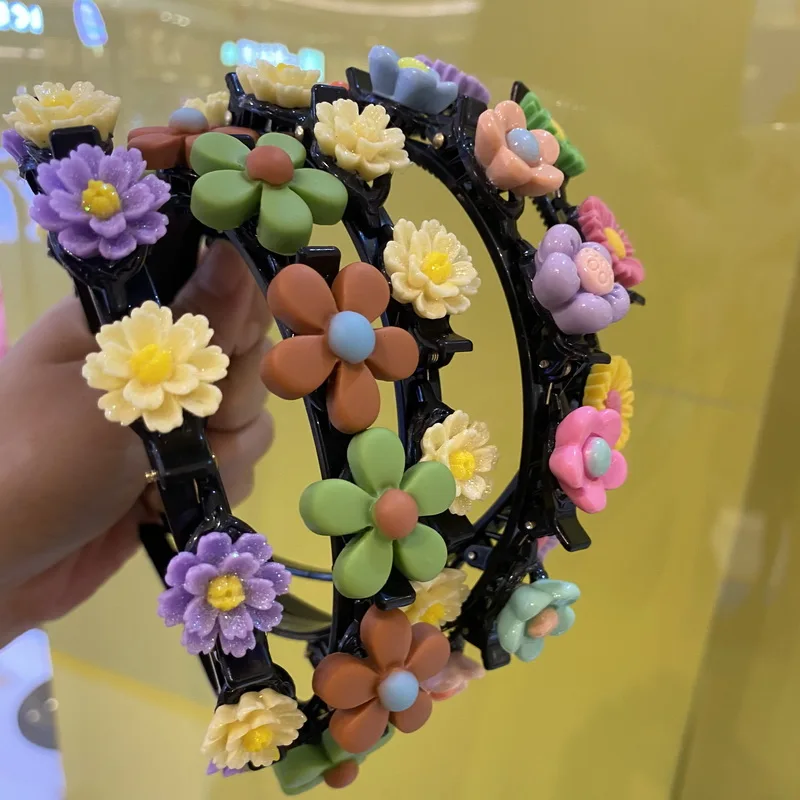 2021 New children Flower Double Bangs Hairstyle Braided Hairband girls Cute Headband With Hairpins kids Hair Hoop Accessories