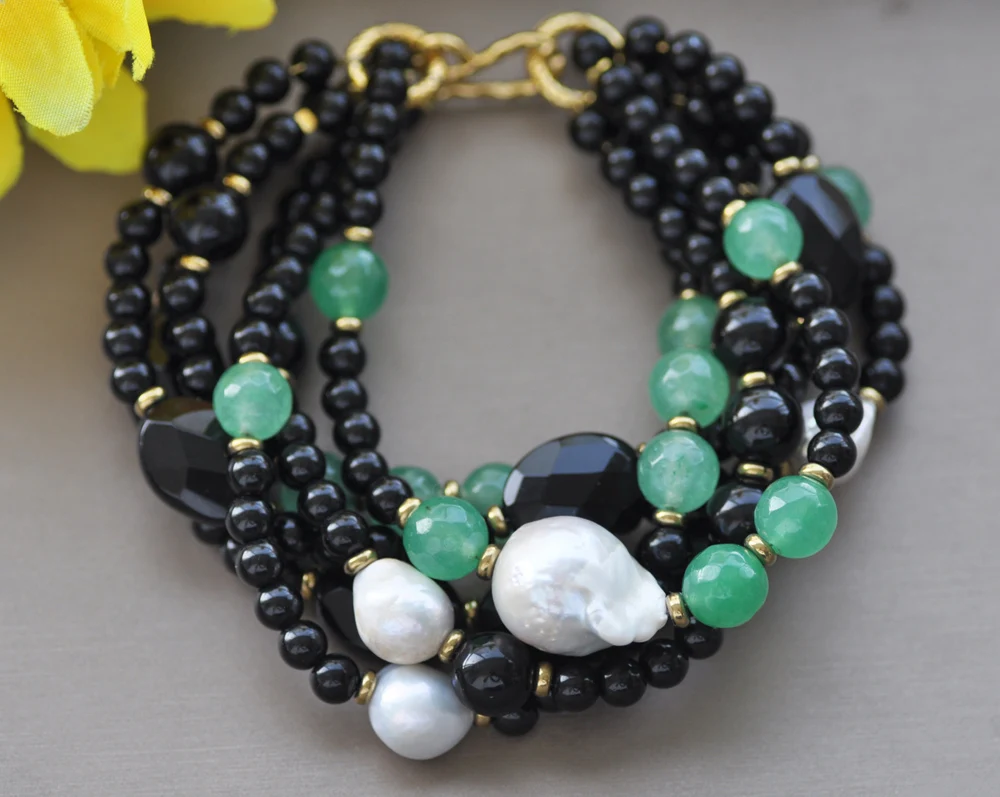 

Z10666 6Row 8" 22mm White Drip Keshi Pearl Green Jade Black Agate Bracelet