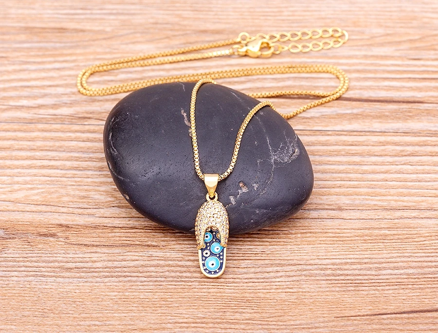 Nidin Mirco Pave CZ Rhinestone Enamel Slipper Pendant For Women Blue Evil Eye Necklace Chain Gold Plated Party Summer Jewelry