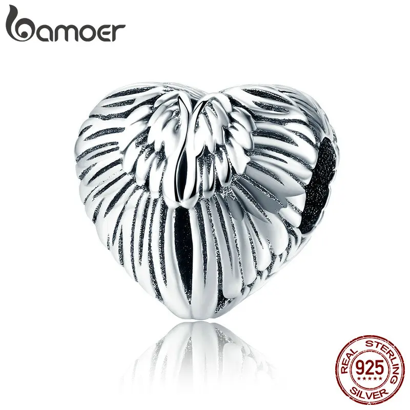 

BAMOER 100% 925 Sterling Silver Angel Wings in Heart Shape Charm Beads Fit Women Bracelets Bangles DIY Jewelry Making SCC780