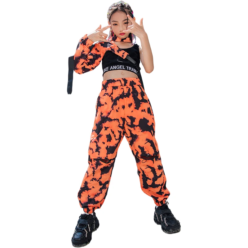 Roupa de dança hip hop infantil, tops de mangas simples, calças camufladas, roupas de jazz para meninas, streetwear infantil, BL6333