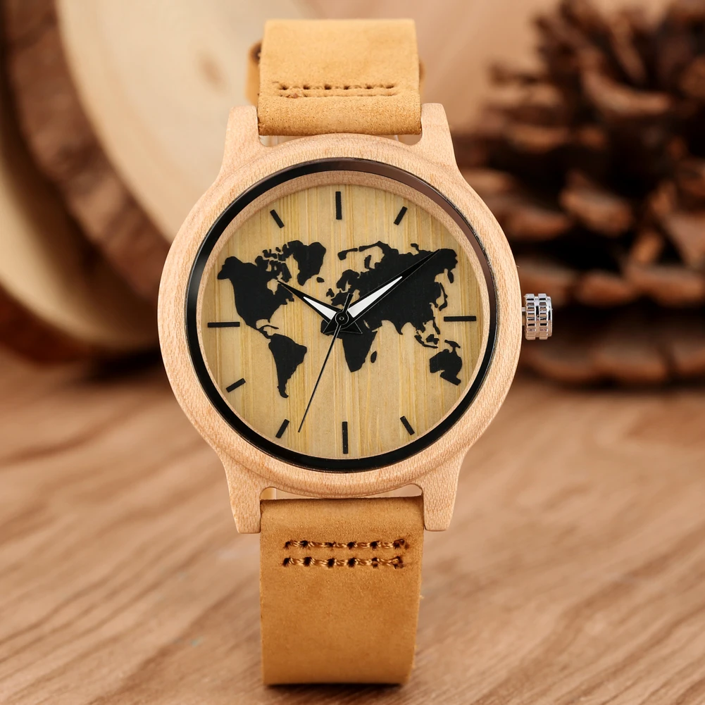 Simple Art Ink Maple World Map Pattern Dial Watch Women\'s Wood Watch Leather Band Casual Quartz Wooden Wristwatches Ladies Clock