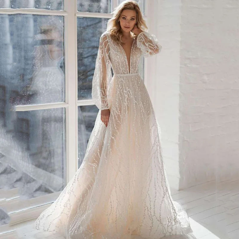 Hot Sell Long Sleeve Lace Wedding Dresses 2021 V Neck A Line Bride Dress Vintage Boho Wedding Gowns Custom Made