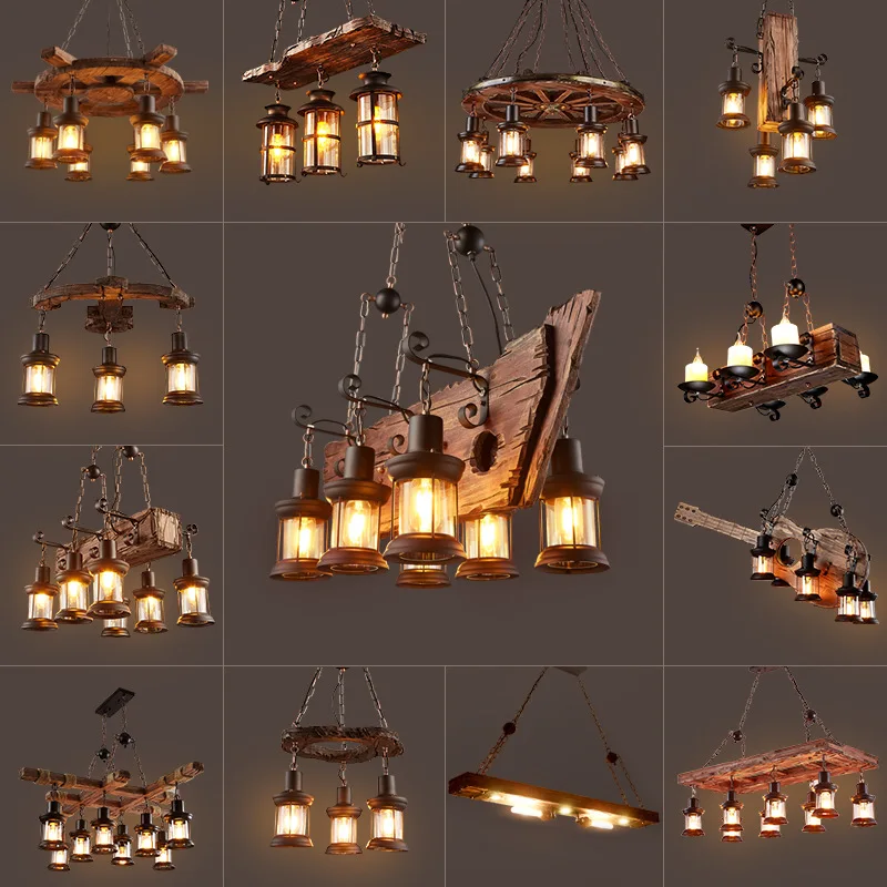 Loft Vintage Restaurant Chandelier Imitation Ship Wood Chandelier Indoor Industrial Restaurant Light Fixture E27 110V 220V 230V