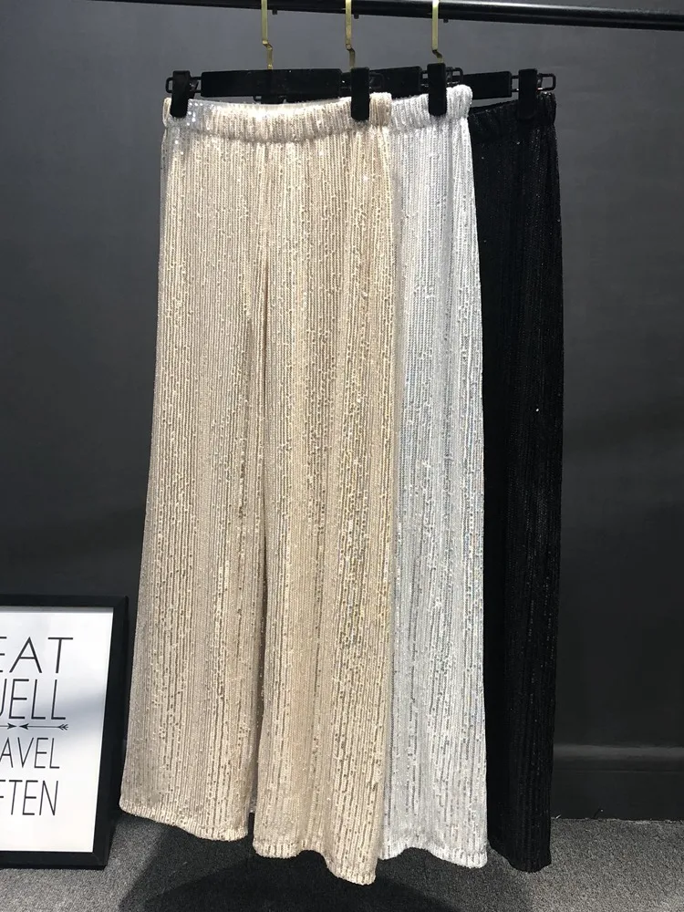 Calça feminina de pernas largas com lantejoulas, elástico na cintura, Bling, Capris chique de luxo, Calça longa dourada casual, clube feminino, Prata, 2023