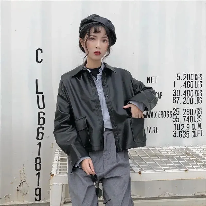 PU Leather High Street Cargo Short Jackets Women Solid Goth Hip Hop Pu BF Retro Coats Korean Fashion Vintage Chic Punk BF Jacket