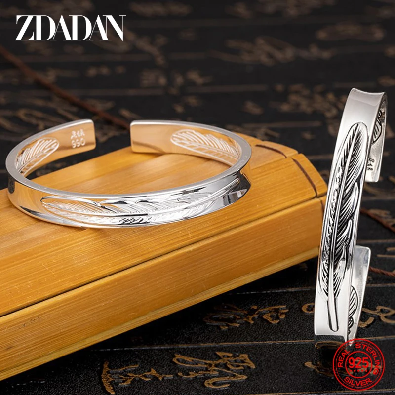 ZDADAN 925 Sterling Silver Vintage Feather Leaf Open Cuff Bracelet Bangle For Women Men Fashion Party Jewelry Gifts