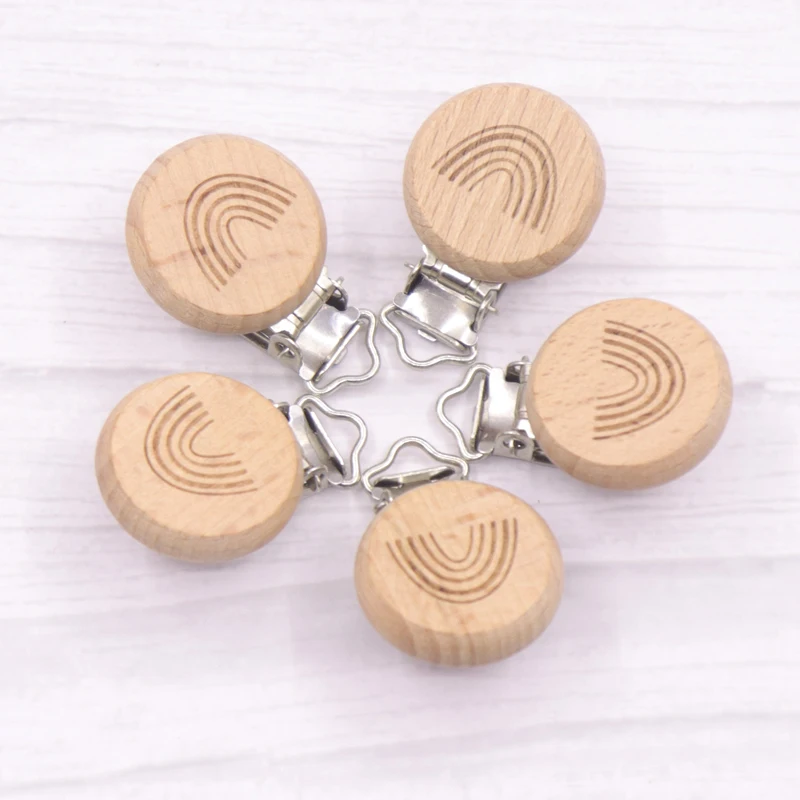 5 Pcs Wooden Pacifier Clips Cartoon Baby Teether Safety Clasp Holder DIY Nipple Chain Toys Accessories