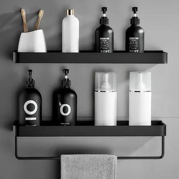 Étagère de salle de bain sans perceuse, organisateur de rangement de douche, étagères d'angle noires, support mural de shampoing de toilette en aluminium