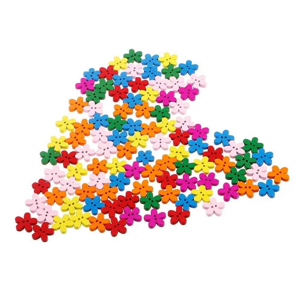 100 Pcs 15mm Colorful Flower Flatback Wooden Buttons , for Sewing, Scrapbooking Crafts , 7NK75