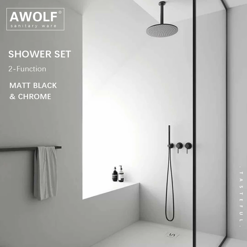 

Solid Brass Simplicity Bathroom Shower Set Matt Black Solid Brass Chrome 10 Inch Shower Bath System Embedded Faucet Tap AH3052