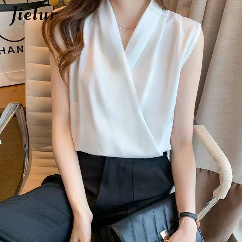 Jielur Womens Tops Blouses Solid Color White Satin Blouse Office Shirt Blusas Sleeveless Women Shirts Black White Female