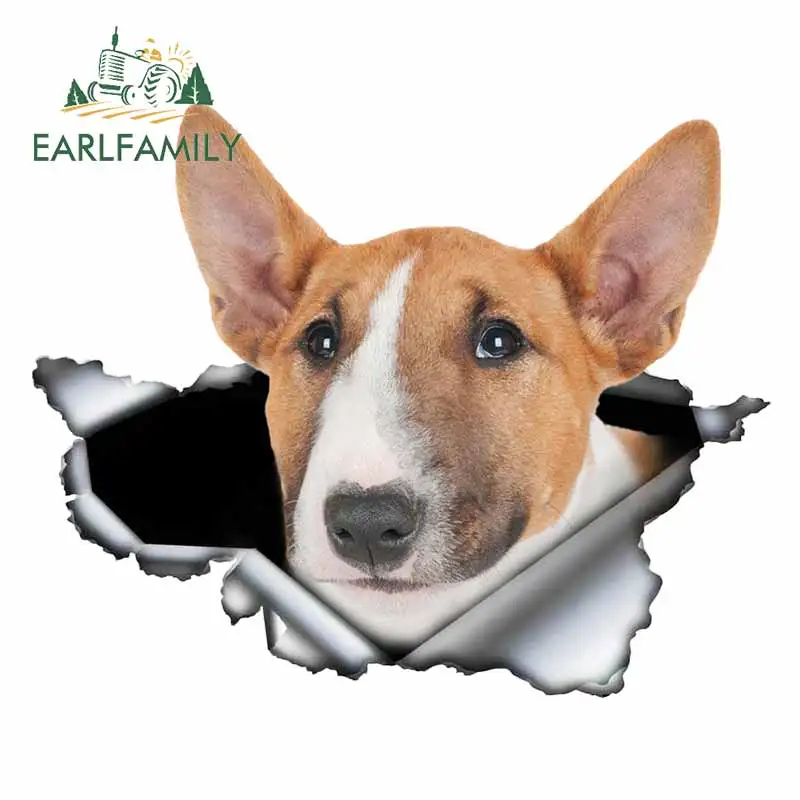 EARLFAMILY Miniature Bull Terrier Car Sticker 3D Torn Metal Original Design Vinyl Bumper Trunk Custom Decal Pet Dog Graphic