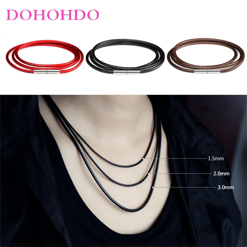 1/1.5/2/2.5/3mm Necklace Cord Black Leather Cord Wax Rope Lace Chain With Stainless Steel Rotary Buckle For DIY Necklace Jewelry