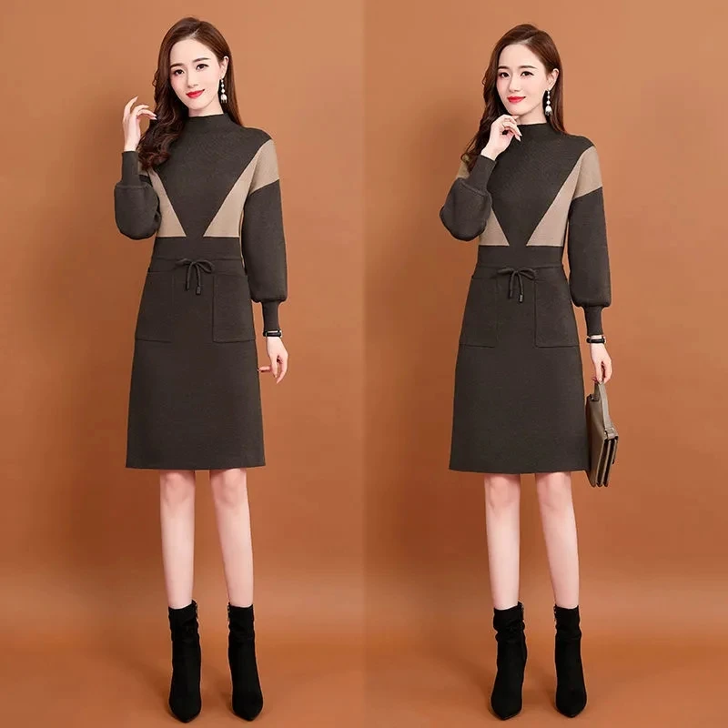 Autumn Winter knit Women Dress Female Long Sleeve No Velvet/Add Velvet Dress Girl Elegant Vestido Ladies Dresses 3XLB1778