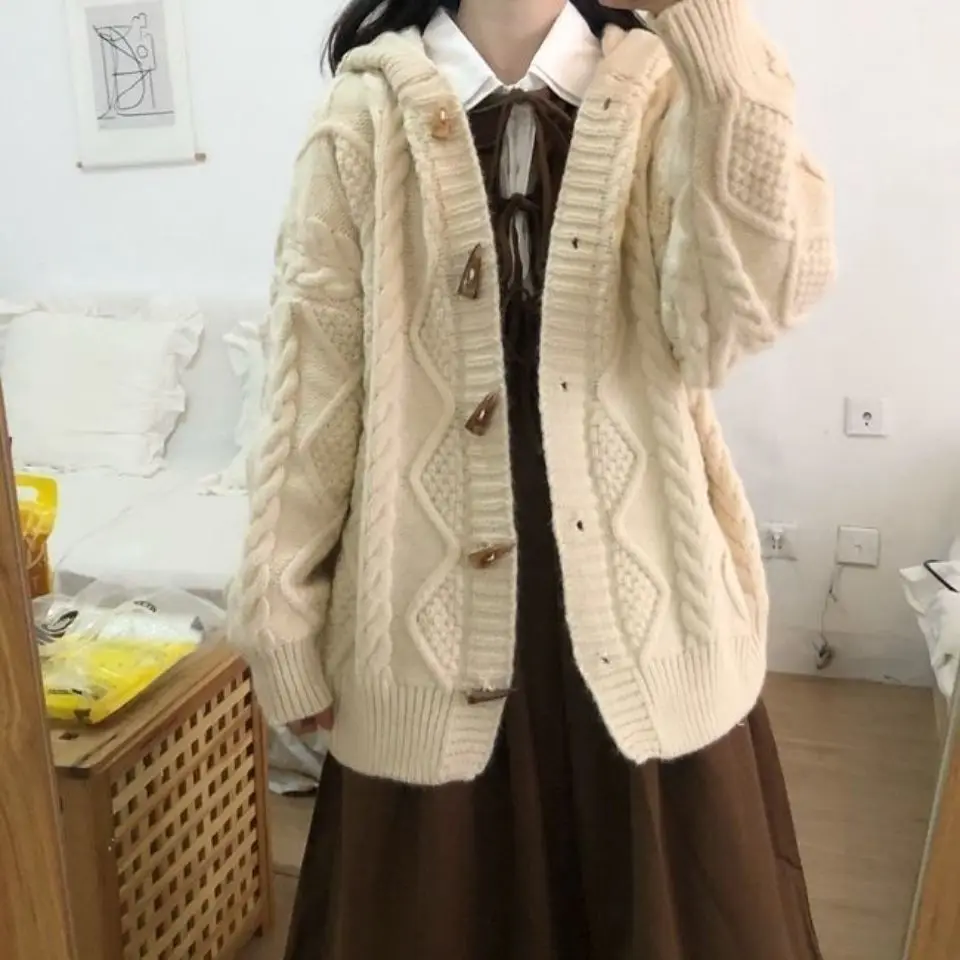 Kawaii Hooded Cardigans Japanese Style Single Breasted Buckles Vintage Solid Spring Autumn Outwear Sweet All Match Teens Casual