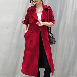 Autumn Korean Women Red Trench Coat With Sashes Elegant Double Breasted Long Sleeve Lapel Mid-length Windbreaker Female 2024 New