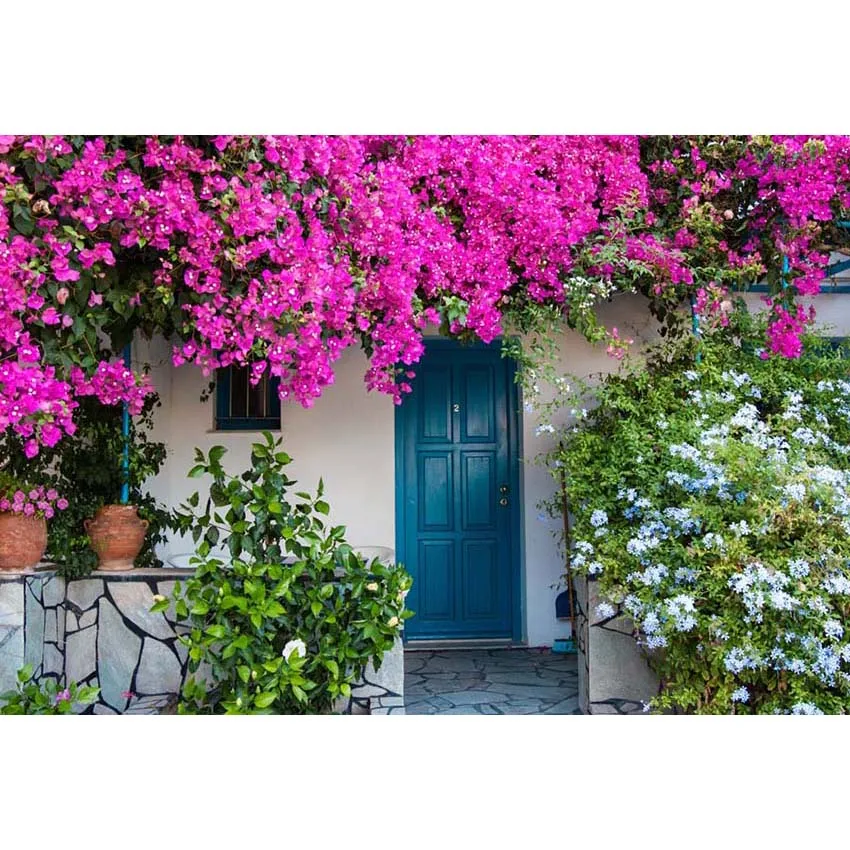 7x5FT  Breathtaking Entrance Purple Flowers Fancy House Paros Greece Custom Photo Studio Backdrop Background Vinyl 220cm x 150cm