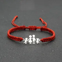 Handmade Braided Lucky Red String Bracelets for Family Dad Mom Daughter Son Stainless Steel Charm Bracelet for Men Women Couples
