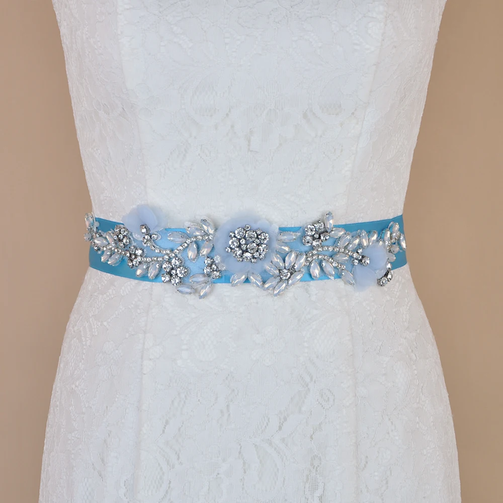 Lichtblauwe Bloemen Sjerpen Bruiloft Riemen Rhinestone Applique Bridal Riem Vrouwelijke Trouwjurk Riem Bloemen Moederschap Riem Voor Meisje