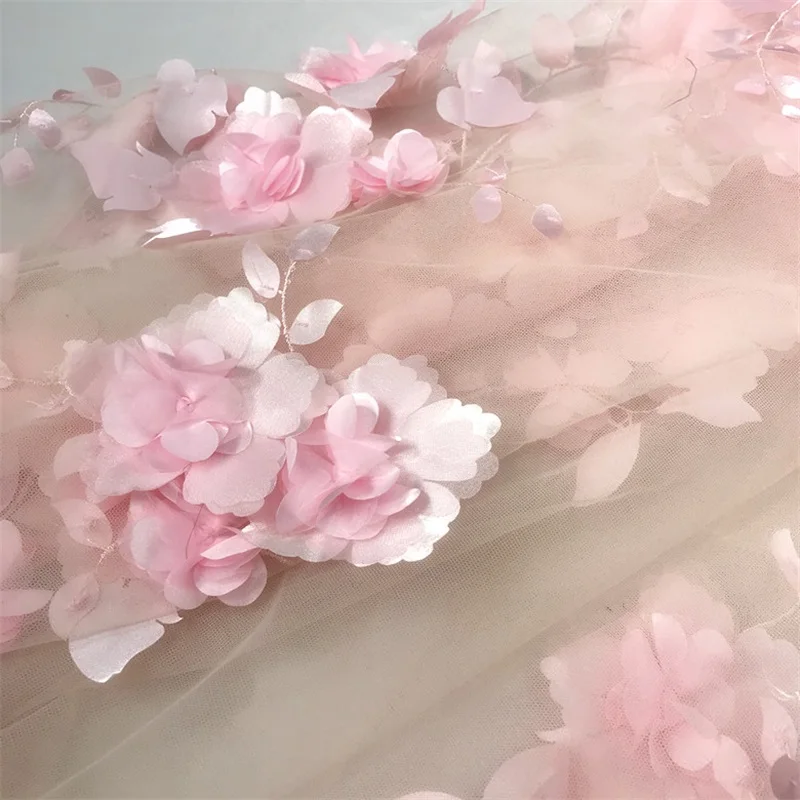 3D Pink Flower Tulle Mesh Lace Fabric Wedding Dress Material Veil Accessories 1 yard