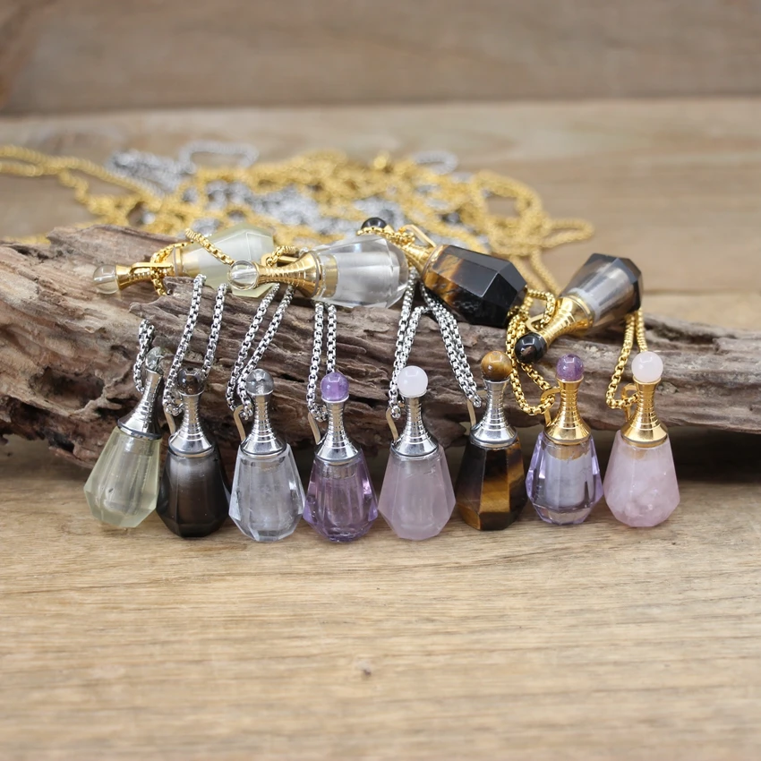 

Faceted Crystal Stone Essential Oil Vial Pendant Necklaces Tiger eye Amethysts Lemon Quartz Perfume Bottle Charms Chains QC1084