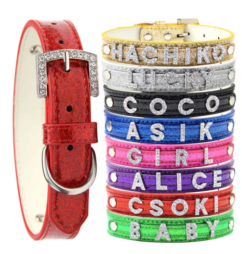 8 Size Dog Cat Collar Personalized DIY Pet Collar Free Name Crystal Buckle Small Large Dog Collar Accessories Pet Supplies