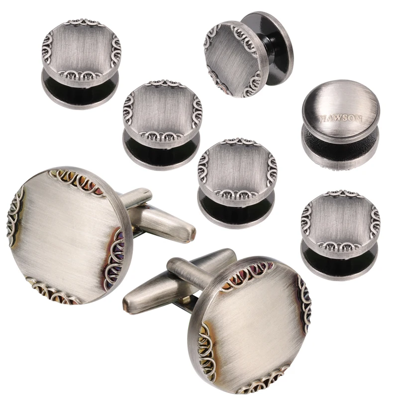 New Ancient Silver Color Cufflink and Studs for Men Metal Cuff Links Set Marked with Five Rings Tuxedo Jewelry with HAWSON LOGO