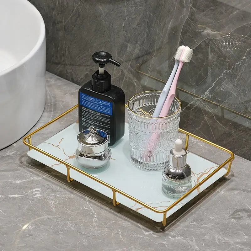 

Modern Metal Frame Imitation Marble Glass Bottom Plate Storage Shelf Bathroom Wash Basin Toiletries Cosmetics Storage Rack Box