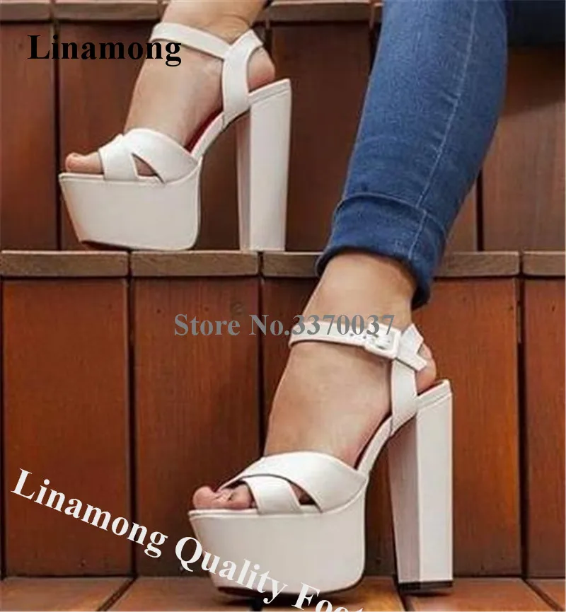 Linamong Sexy Open Toe High Platform Chunky Heel Sandals White Black Blue Ankle Straps Square Buckles Thick High Heel Sandals