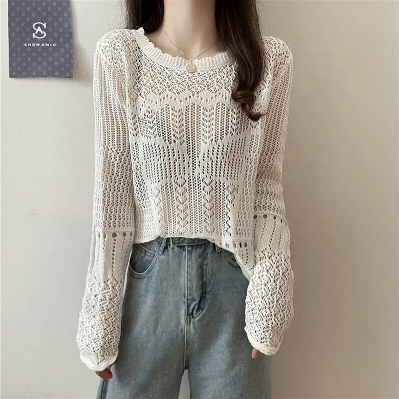 Sweaters Women Knitted Hollow Out Summer Thin Fashion Loose Long Sleeve New Casual See Through Sexy Pullovers All-match Simple