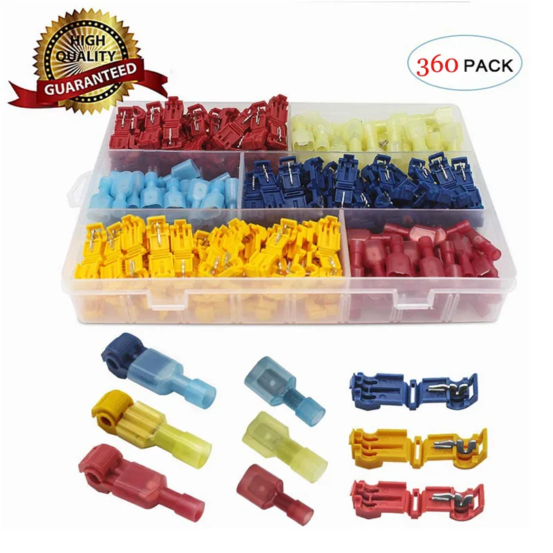 360Pcs T-Tap Wire Connectors Self-Stripping Quick Splice Electrical Wire Terminals Insulated Male Disconnect Spade Terminal Kits