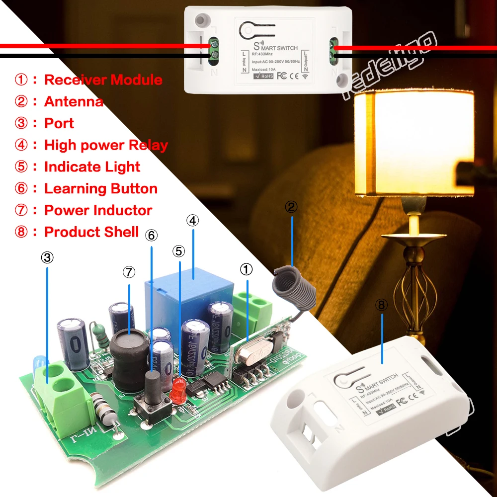110V 220V Wireless Switch Rf 433MHz Remote Control Light Switch and Wall Panel Switch 10A Breaker Module for Home Lamp Fan LED image 6