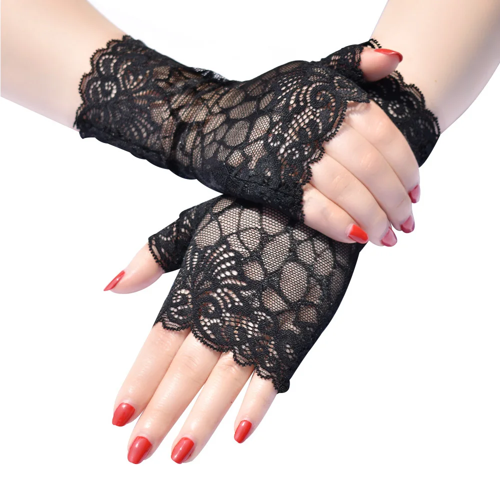 Lady\'s Fingerless Black Floral Lace Gloves Summer Thin UV-Proof Driving Gloves Gothic Sexy Short Hollow Party Gloves