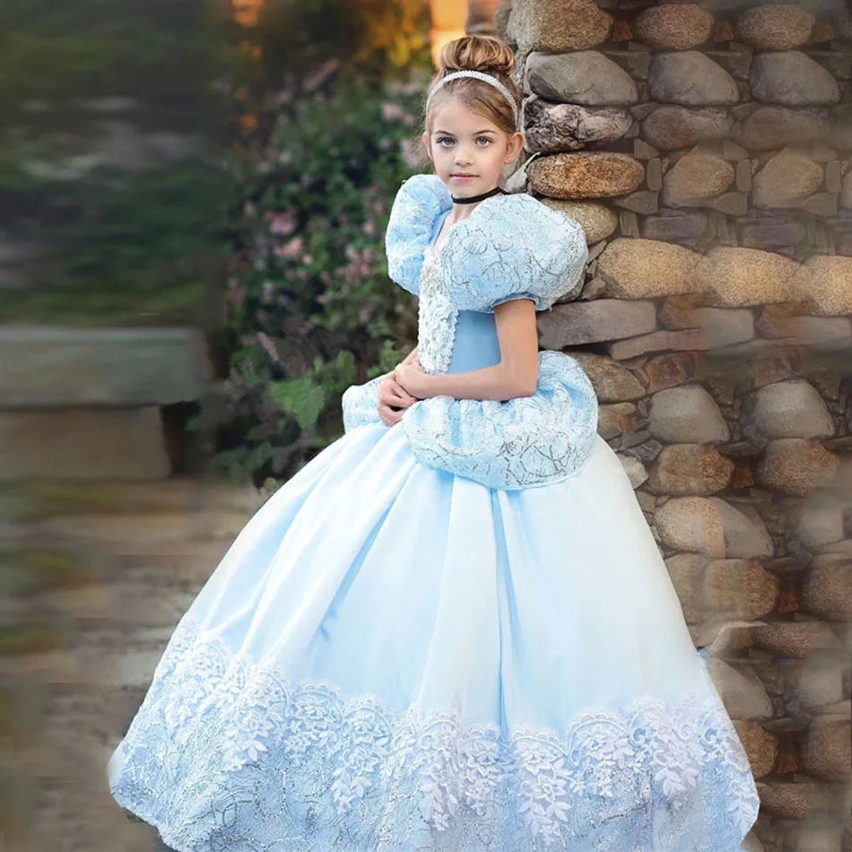 Girls Deluxe Fluffy Cinderella Dress Up Children Halloween Princess Costume Kids Birthday Christmas Carnival Wedding Party Gown