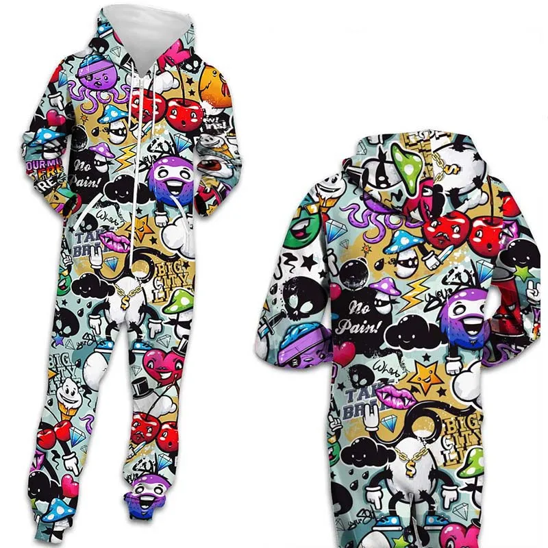 Women Men Autumn Winter Polyester Plus Size Tie-Dye Leapord Loose Hooded Zipper Fleece Jumpsuits Fashion Casual Romper Overalls