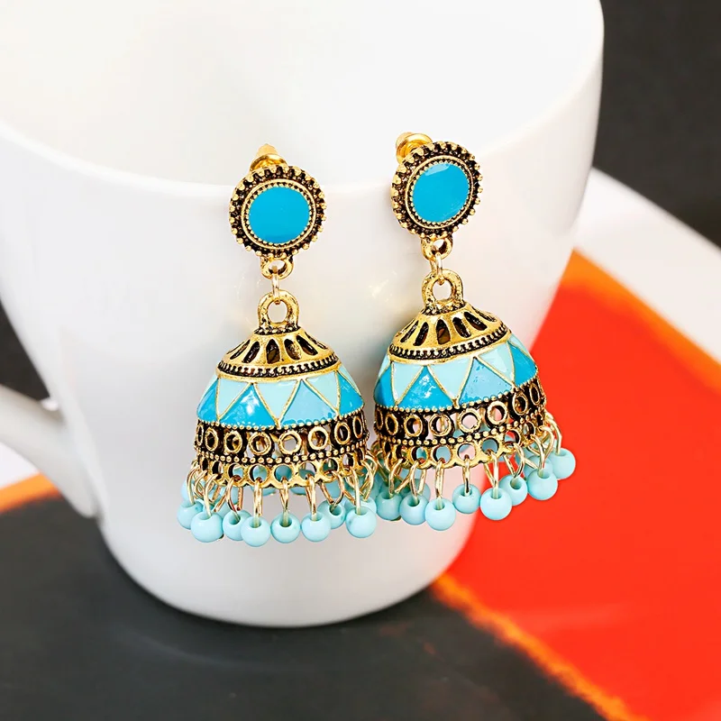 Indian Style Blue Geometric Tassel Jhumka Earrings Gypsy Gold Color Earrings Women Ladies Round Bell Earrings Oorbellen