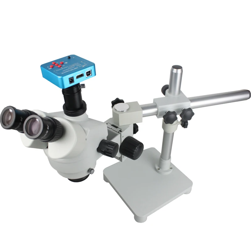 Single-Arm Boom Stand Simul โฟกัสกล้องจุลทรรศน์สเตอริโอ Trinocular 38MP USB กล้องวิดีโออุตสาหกรรมอิเล็กทรอนิกส์ดิจิตอลกล้องจุลทรรศน์กล้องจุลทรรศน์