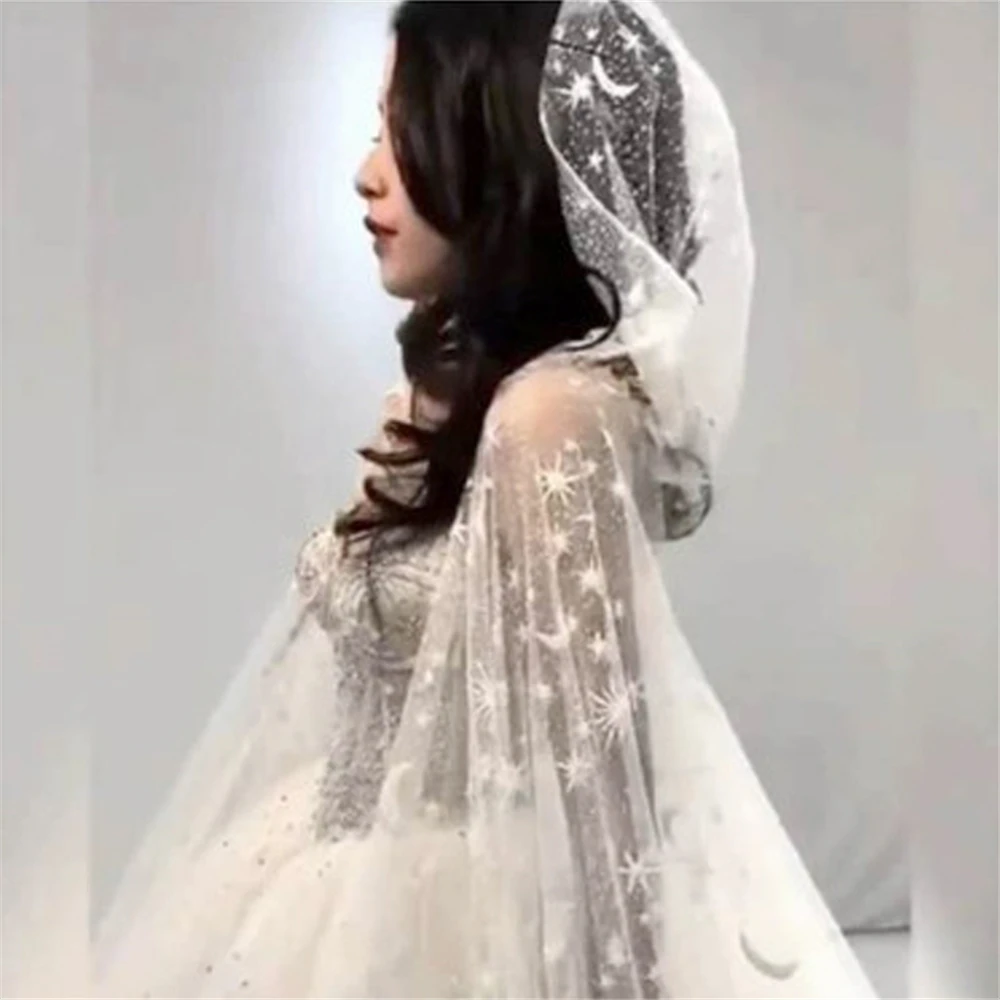 

Bling Cloak Wedding Veil Bridal Cape White Shiny Glittering Stars Moon Long Cathedral Sequins Shawl Hooded Veil Accessories