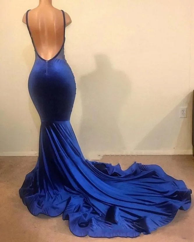 Vestidos de Fiesta de sirena con apliques de encaje y Espalda descubierta, vestidos de noche formales de talla grande, Sexy, azul, 2024