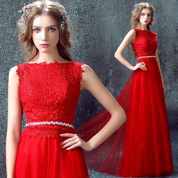 Nuovo design sexy appliques di pizzo rosso abito da ballo formale 2018 telai di cristallo vestido longo abiti da damigella d'onore lunghi robe de soiree