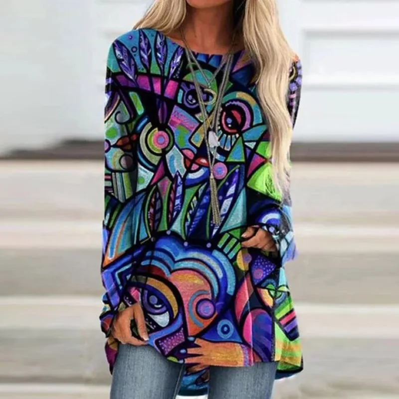 

Harajuku Plus Fashion Graphic Tees Women Casual Tops Abstract Face Print Tshirt Halloween O Neck Full Sleeves Loose Long T-shirt