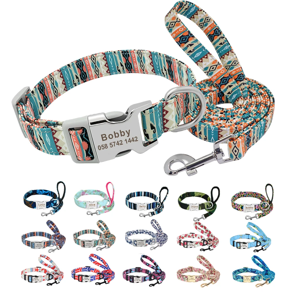 Nylon Printed Dog Collar Leash Set Personalized Pet Dog Collar Necklace Free Engraved ID Tag Nameplate For Small Medium Dogs